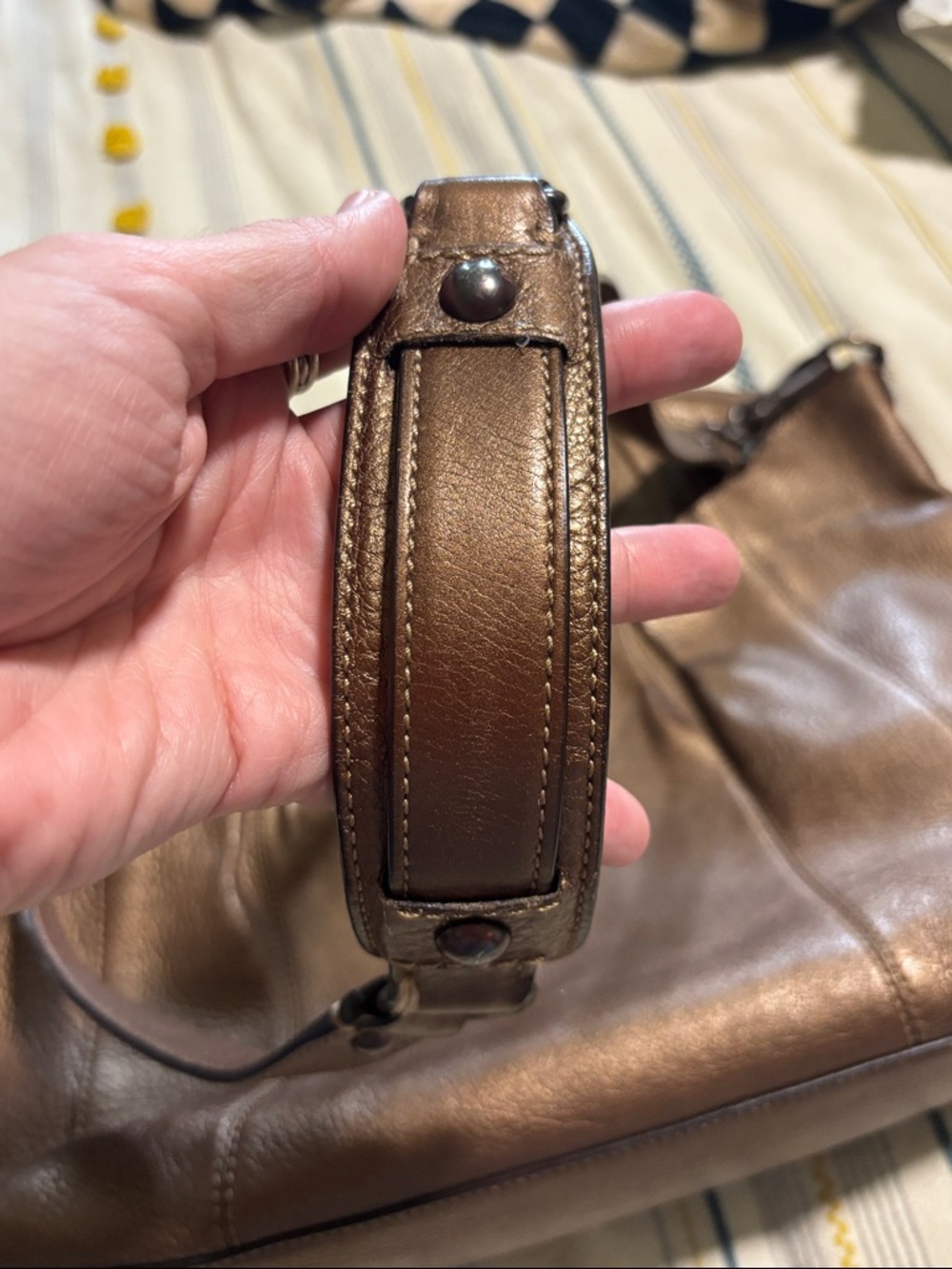 COACH Metallic Bronze Pebbled Leather Tote with Top Handles and shoulder strap - Picture 6 of 12